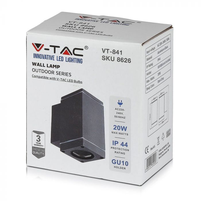 LED WALL 1XGU10 LAMPALUMINIUM + GLASS 63X99X112 IP44 DARK GREY