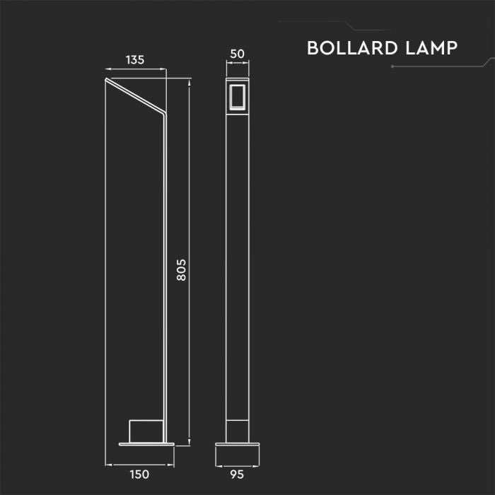 LED OUTDOOR BOLLARD LIGHT GREY 6W DL 600lm 180° 150X95X800 ALUMINIUM IP54