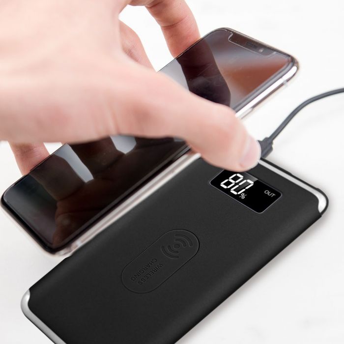 POWER BANK WITH DISPLAY & WIRELESS CHARGING 10000mAh/37wh 2xUSB PORTS 5V BLACK