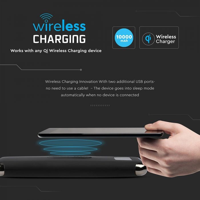 POWER BANK WITH DISPLAY & WIRELESS CHARGING 10000mAh/37wh 2xUSB PORTS 5V BLACK