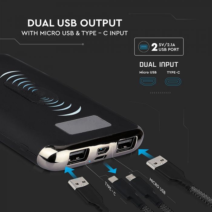 POWER BANK WITH DISPLAY & WIRELESS CHARGING 10000mAh/37wh 2xUSB PORTS 5V BLACK