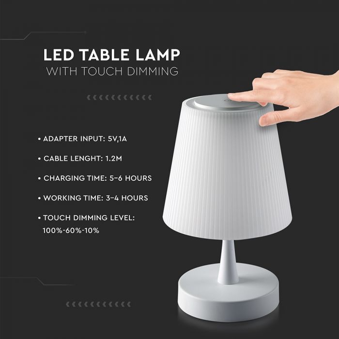 LED TABLE LAMP WHITE 7W WW 210lm 90° RECHARGEABLE DIMMING PC + METAL