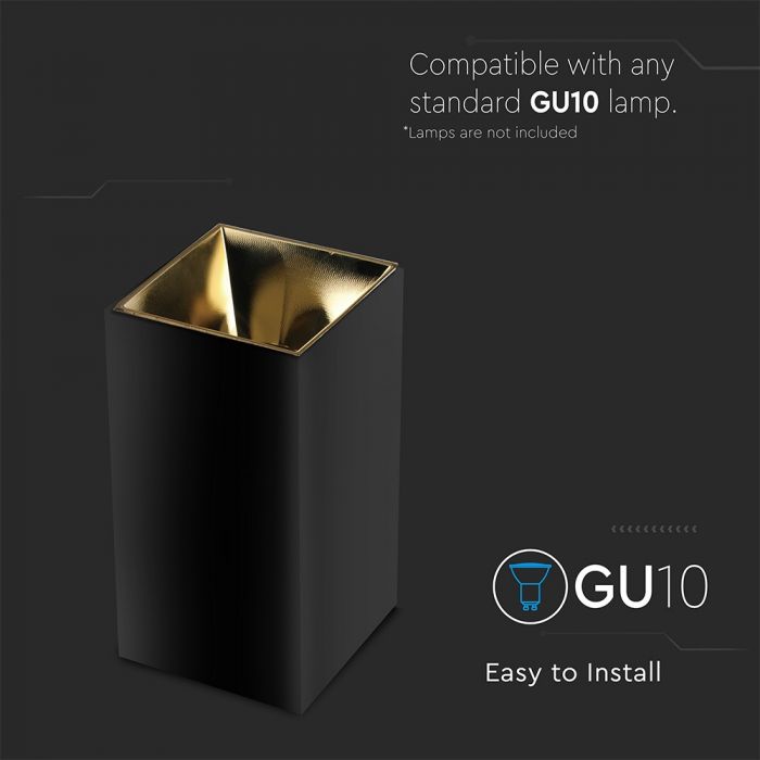 LED SURFACE GU10 FITTING ALUMINIUM SQUARE 74X74X140 BLACK+ GOLD