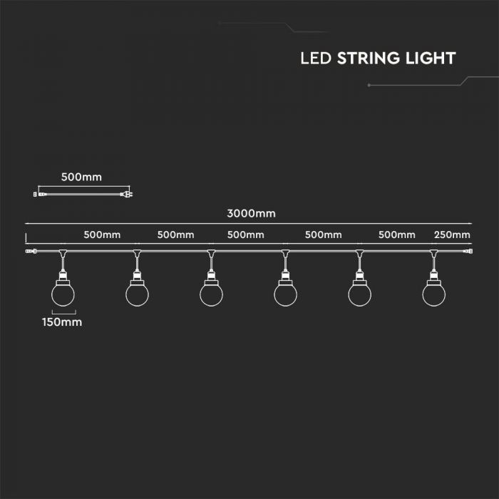 LED STRING LIGHT 3M WITH 6 BULBS MAT BLACK IP65