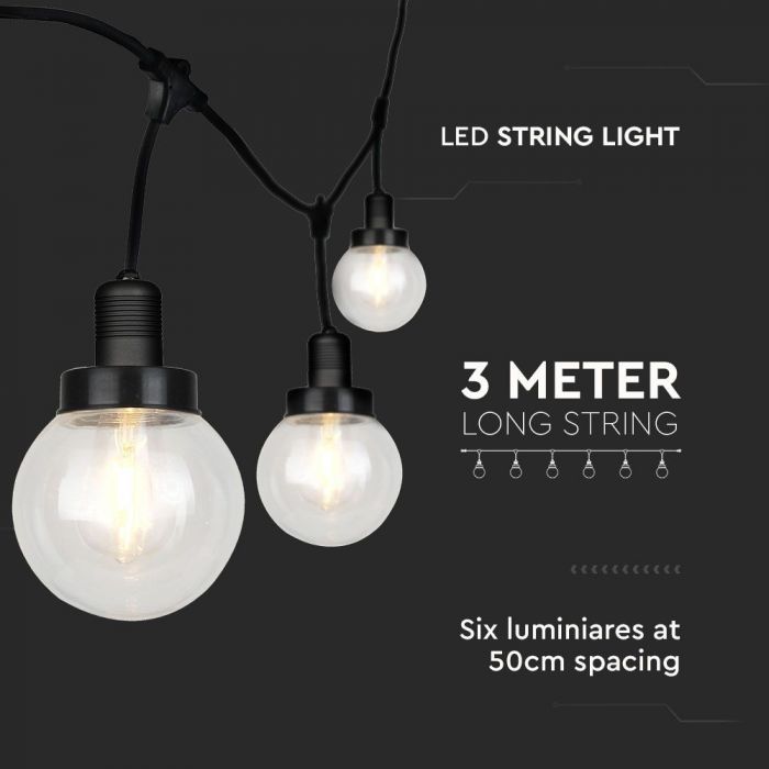 LED STRING LIGHT 3M WITH 6 BULBS MAT BLACK IP65