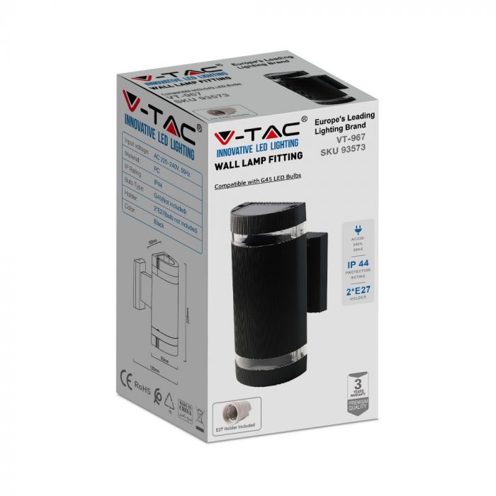 LED WALL FITTING ROUND BLACK PC E27x2 130X100X228 IP44