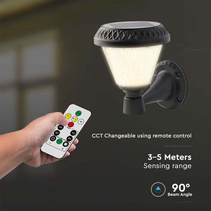 LED SOLAR WALL LAMP with RF Control CCT:3in1 75Lm 90° 16x23 BLACK BODY IP65