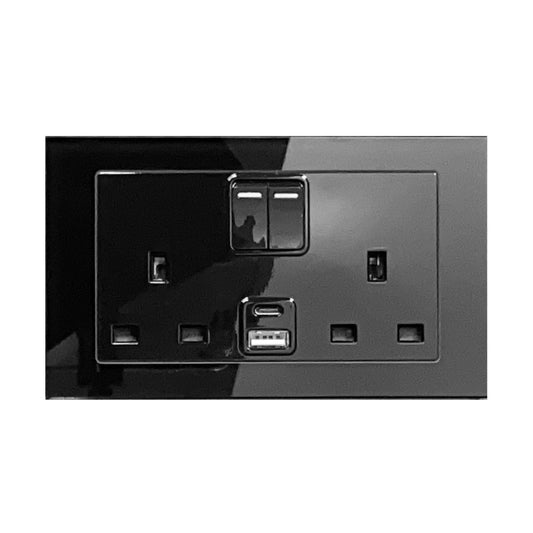 CRYSTAL 3.1A USBC & 13A DP DOUBLE PLUG SOCKET WITH SWITCH BLACK PG