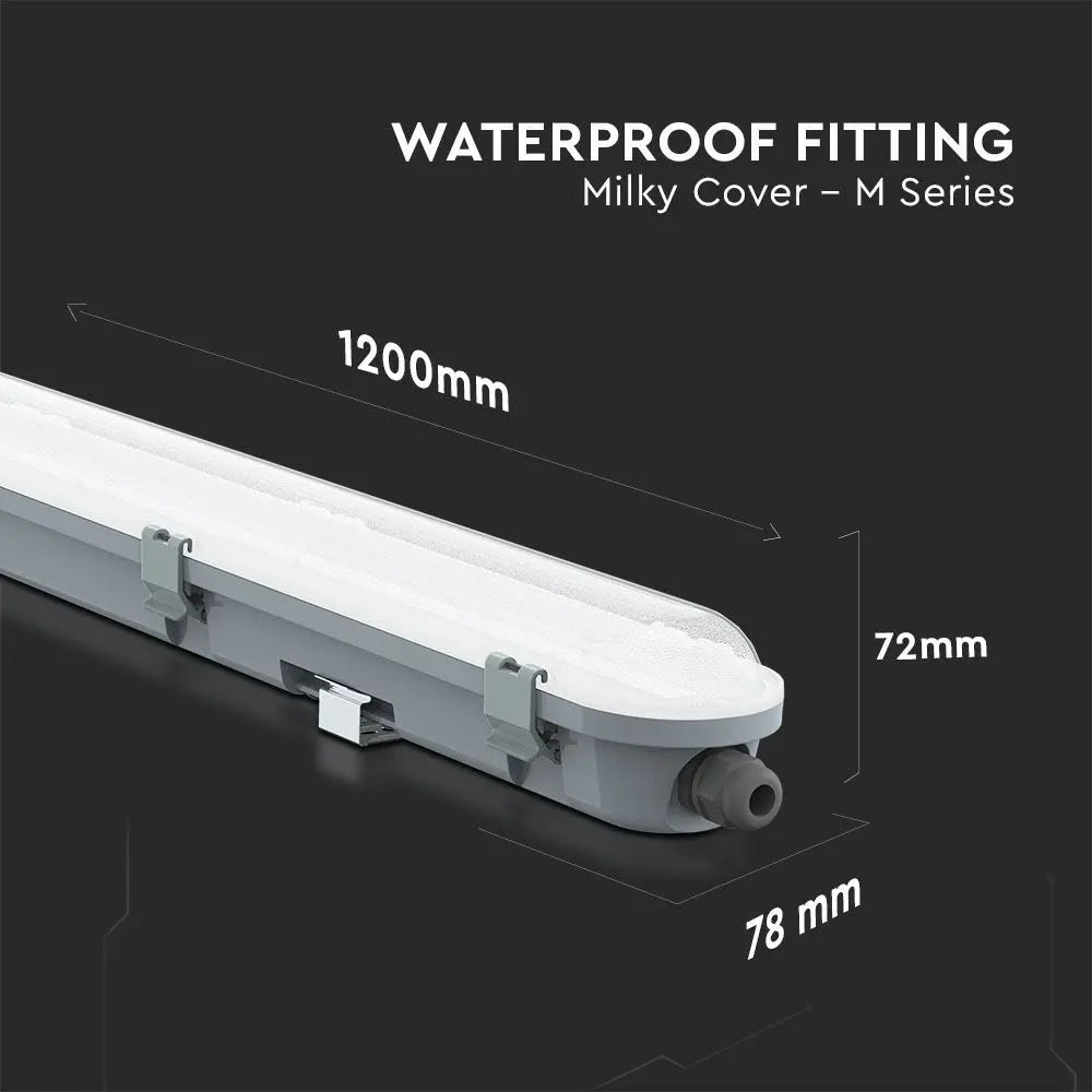 LED Waterproof Fitting M-Series 1200mm 36W 6400K Milky Cover 120 lm/W