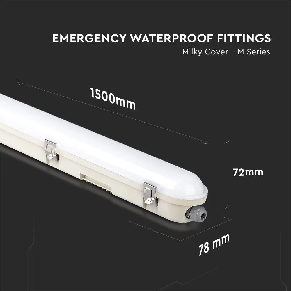 LED Waterproof Fitting M-Series 1500mm 48W 6400K Emergency Kit PC/PC SS Clip 120lm/W