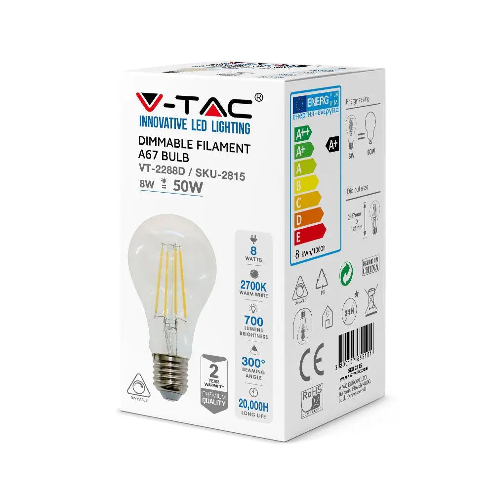 LED Bulb - 8W Filament E27 A65 Dimmable 3000K