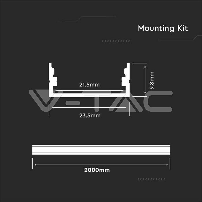 LED Strip Mounting Kit With Diffuser Aluminum 2000 x 23.5 x 10mm Milky