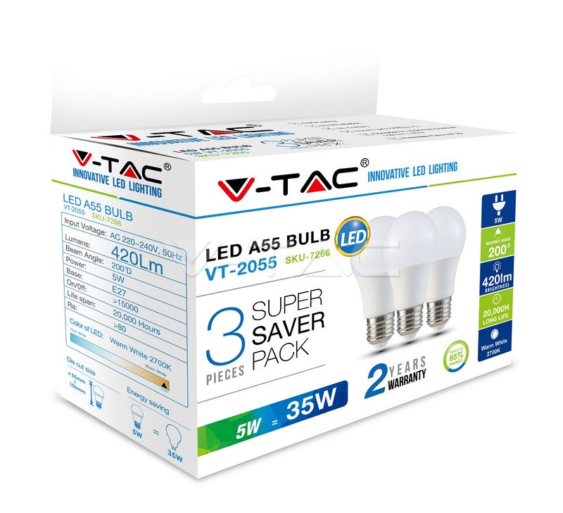 LED Bulb 5W E27 A55 Thermoplastic Natural White 3pcs/Pack