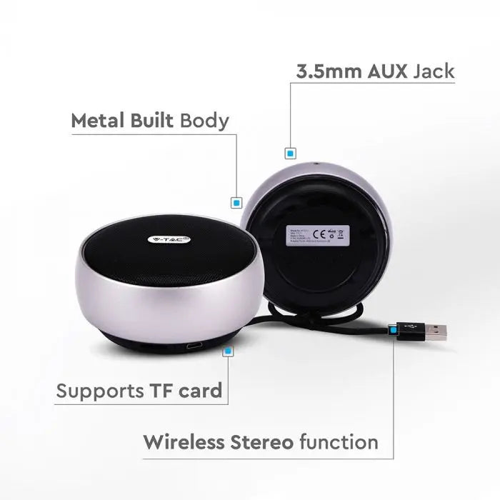 Portable Bluetooth Speaker Micro USB High End Cable 800mah Battery Silver
