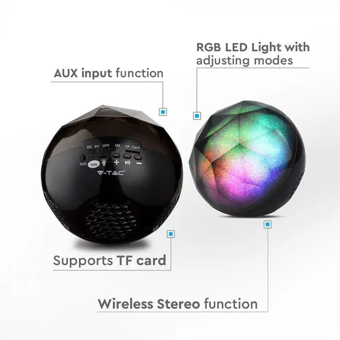 Portable Speaker Round Crystal RGB LED Light Bluetooth 1200mAh Battery