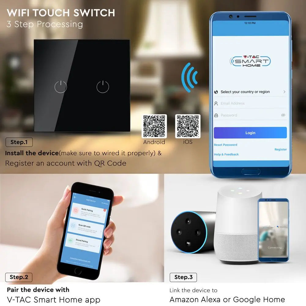 Wi-Fi Touch 2 Way Switch Amazon Alexa & Google Home Compatible Black