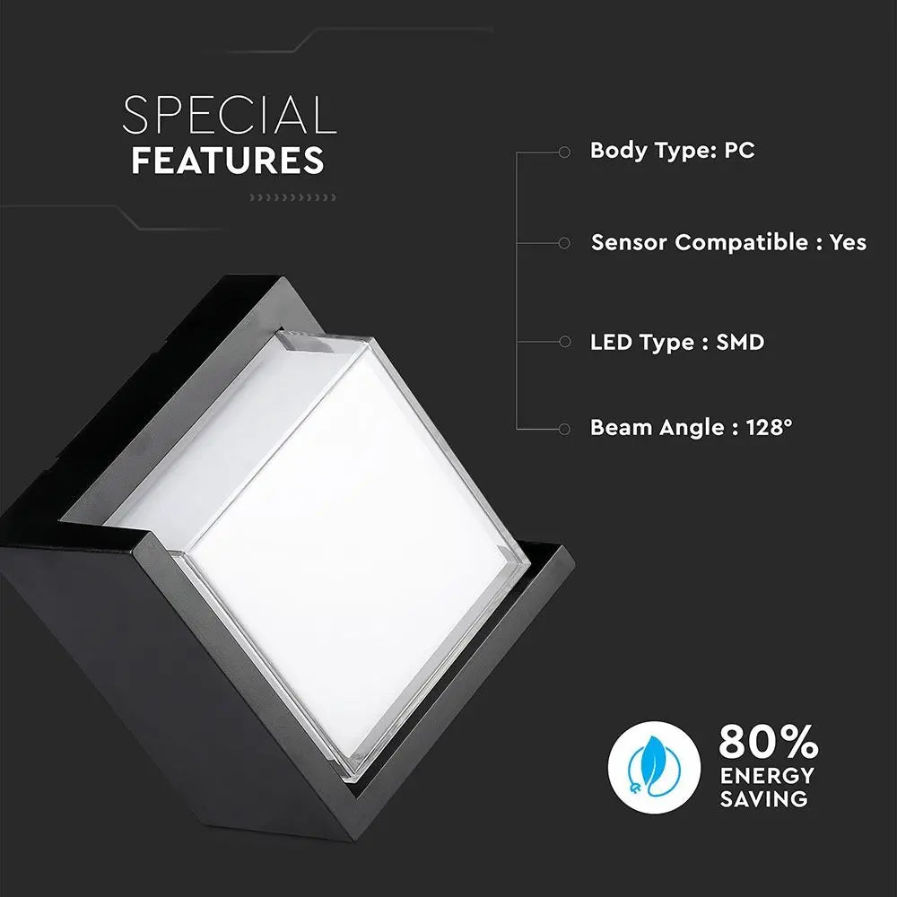 12W LED Wall Light IP65 Sami-Frame Black Square 4000K
