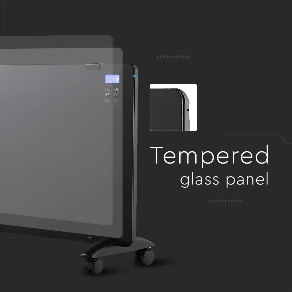 2000W LED Glass Panel Heater with Aluminium Heating Element Black IP24 RF Control Display & Wheels