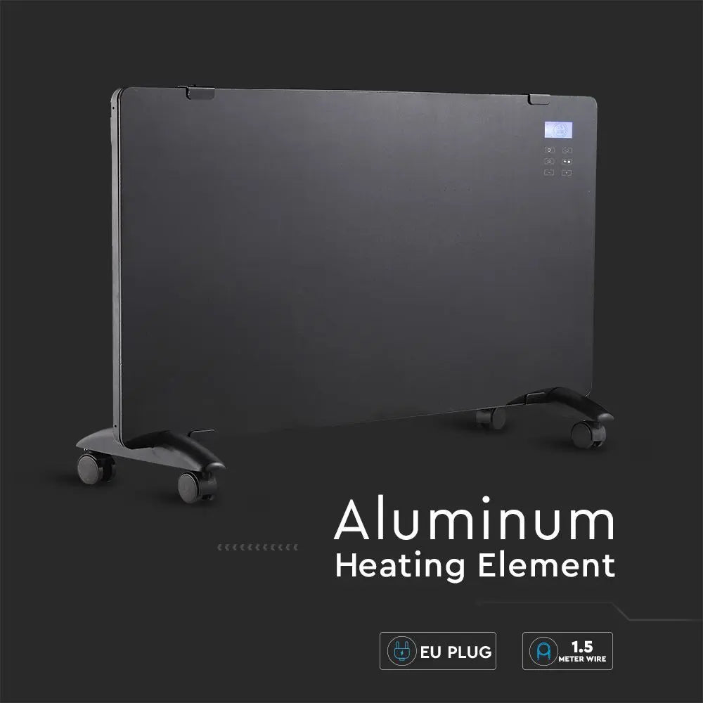 2000W LED Glass Panel Heater with Aluminium Heating Element Black IP24 RF Control Display & Wheels