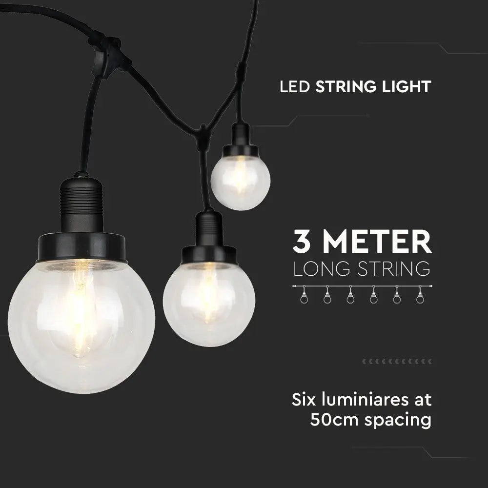 LED String Light 3M 6 Bulbs Matt Black IP65