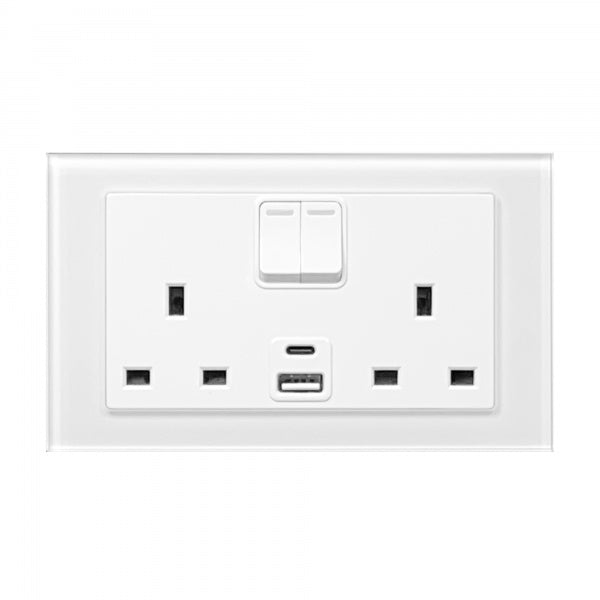 CRYSTAL 3.1A USBC & 13A DP DOUBLE PLUG SOCKET WITH SWITCH WHITE PG