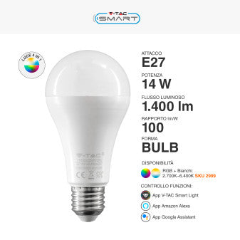 LED E27 LAMP COMPATIBLE WH AMAZON ALEXA + GOOGLE HOME 14W RGB+WW+CW